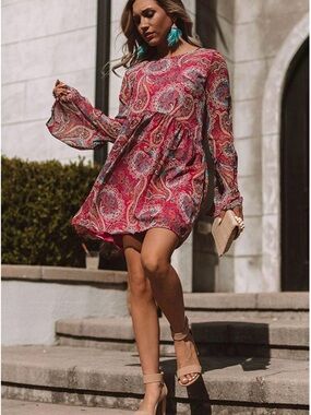 Red Paisley Babydoll Mini Dress